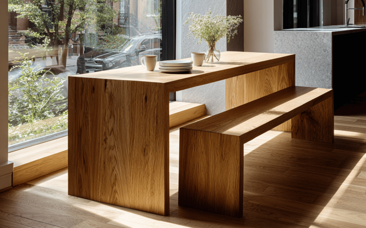 Modern dining area with a solid-wood table and matching bench beside large windows.