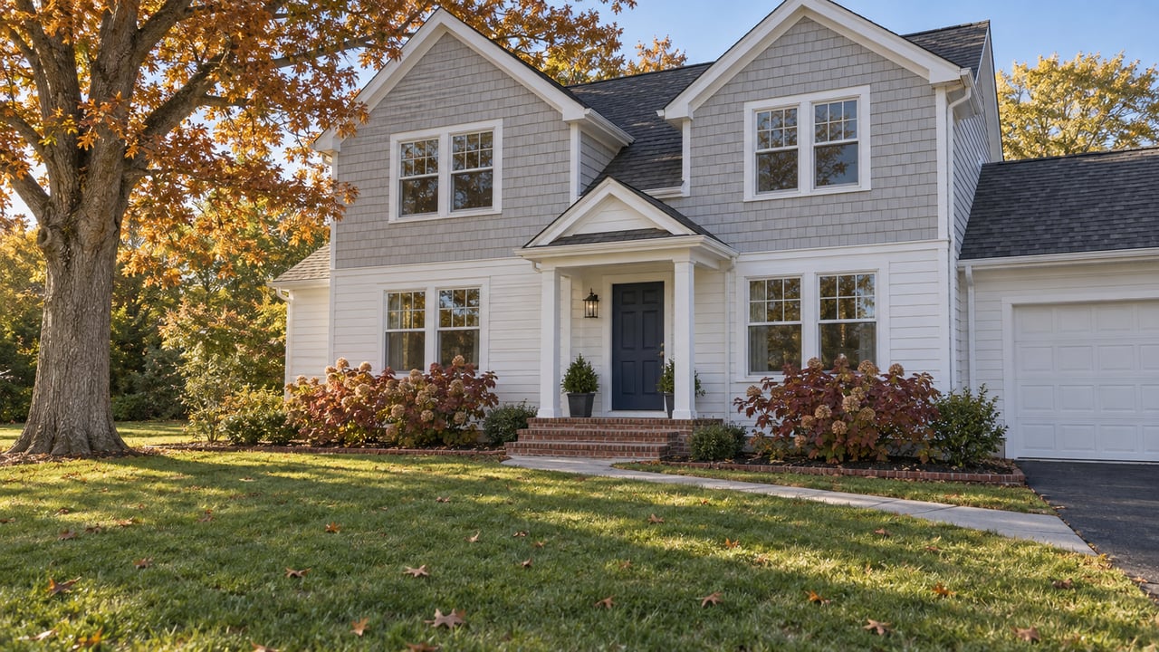 Pale-gray shingled home beyond a deep autumn lawn, with a mature oak and brick front steps.