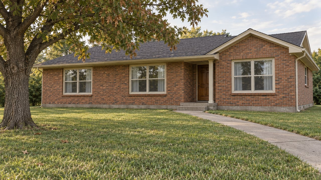 A modest brick home with a recessed wood front door, broad front lawn and mature oak in soft afternoon light.