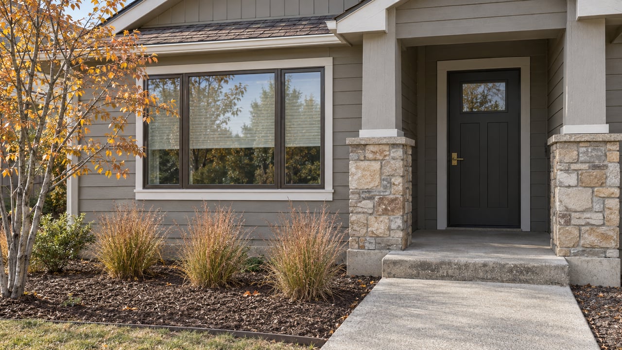 Warm-gray gabled home with a charcoal front door, stone-clad entry, broad window and copper-colored autumn planting beside a concrete walk.