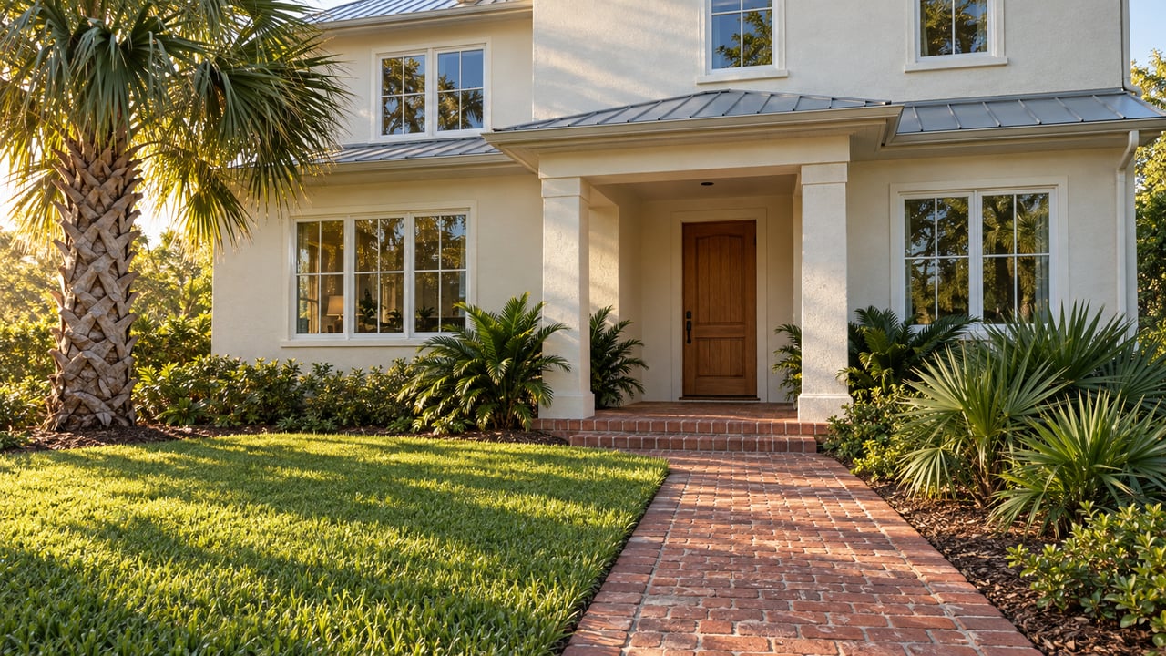 Pale stucco home with broad windows, a shaded wood entrance, weathered brick walk and established palms.