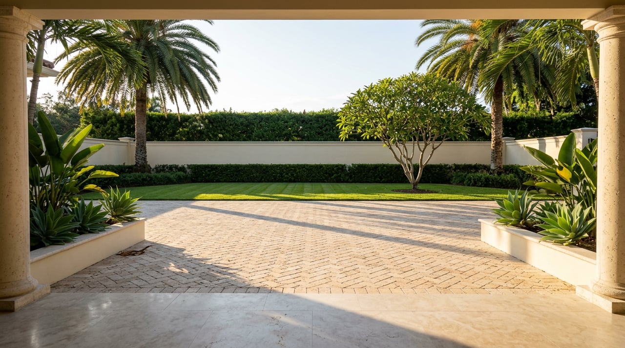 Travertine portico opens onto a paver motor court, manicured lawn, specimen palm, and clipped hedge along a stucco wall.