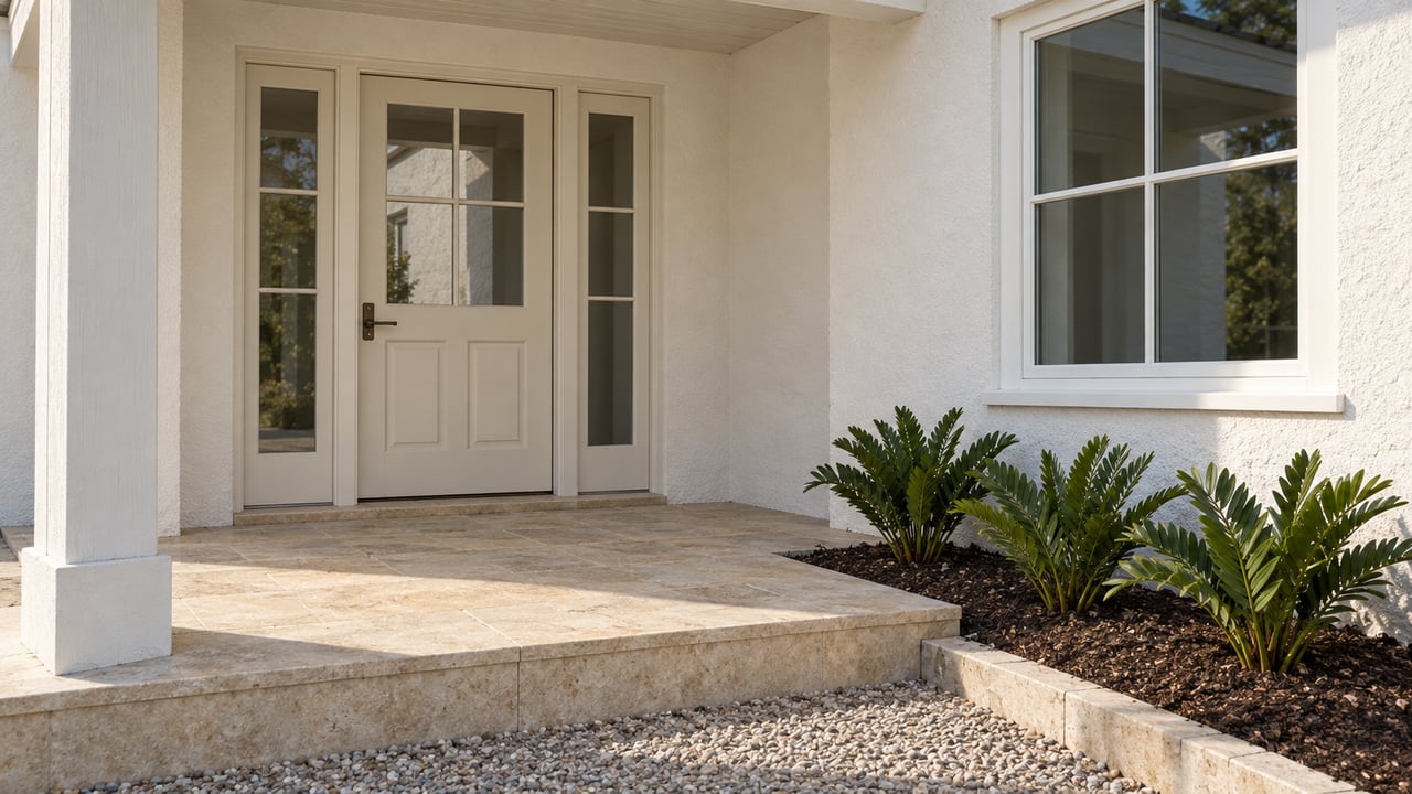 White stucco covered entry with a cream glazed door, limestone steps and three coontie plants in a bordered bed.