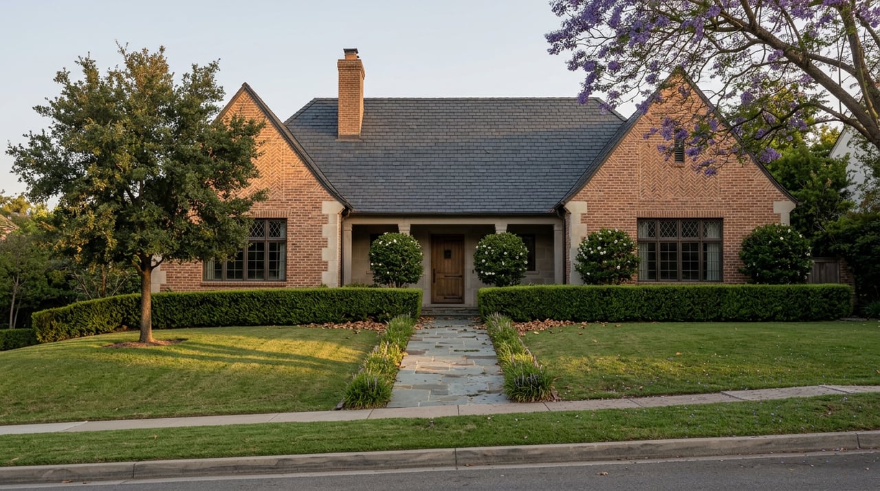 Tudor-style brick estate behind a broad sloping lawn, with a flagstone walk and flowering tree canopy.
