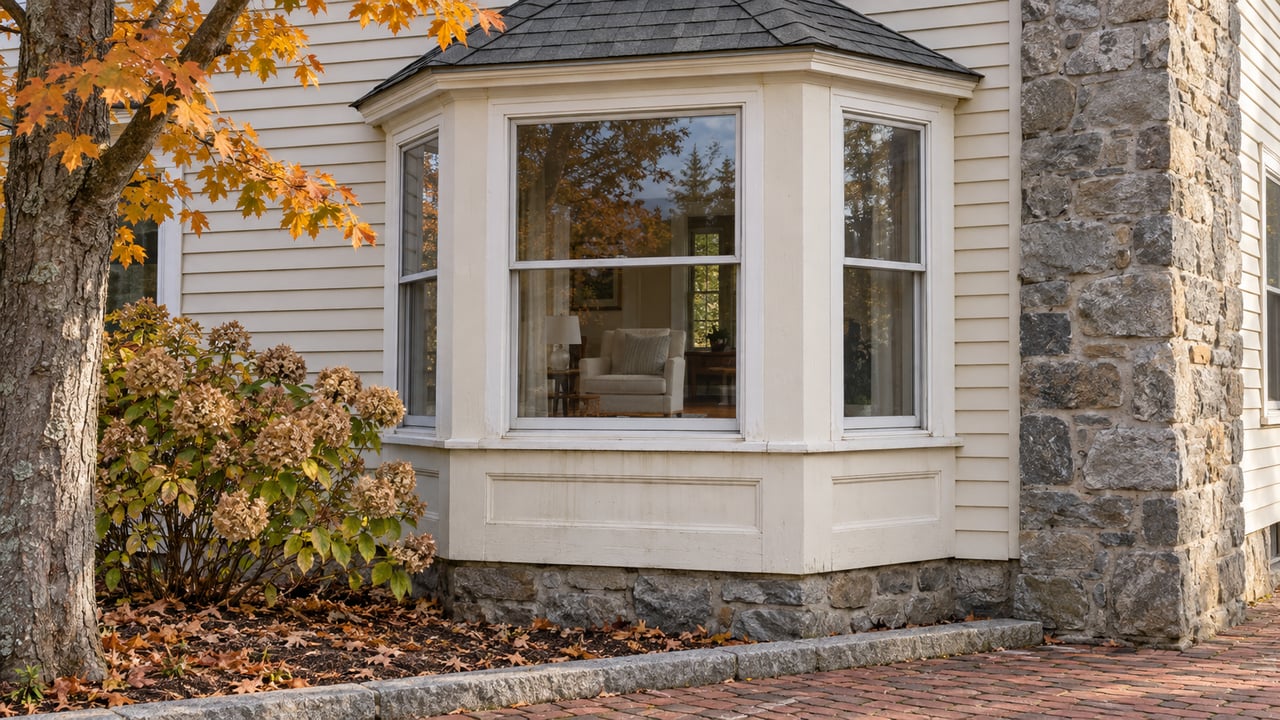 Cream clapboard home with white-trimmed bay windows, a fieldstone chimney and golden autumn leaves beside a brick walk.