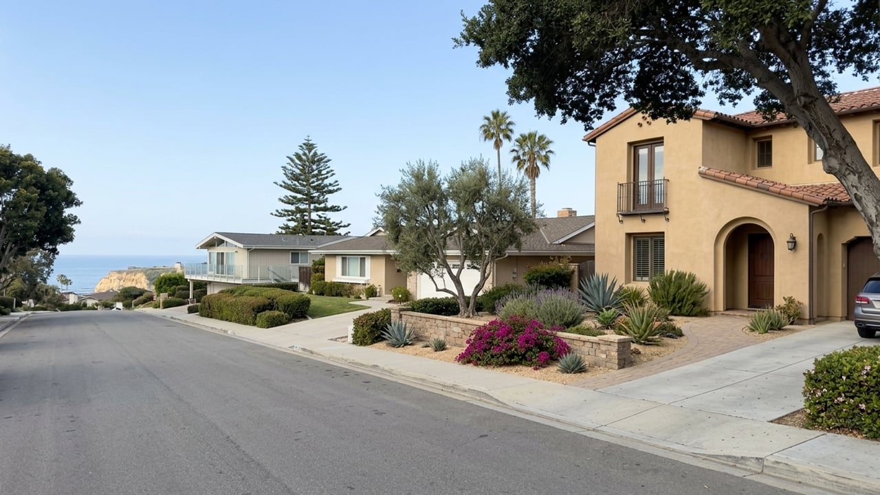 Coastal residential street with landscaped homes and ocean visible in the distance.