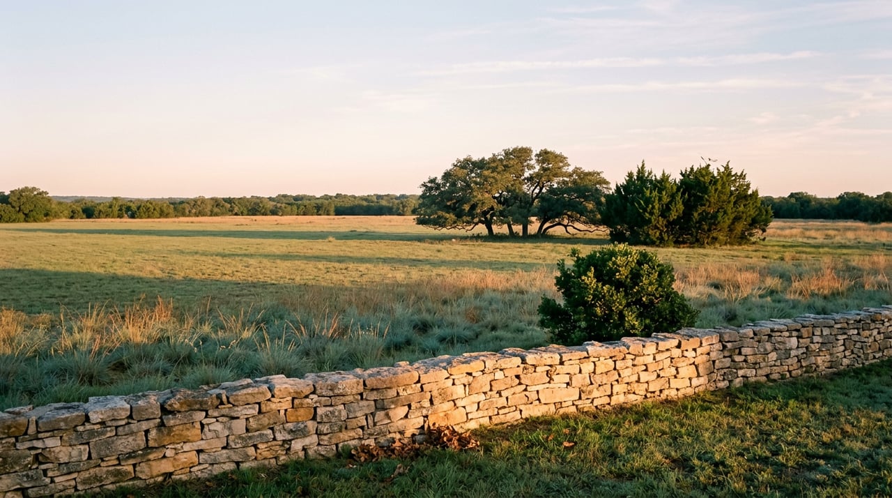 Dry-stacked limestone wall borders dewy pasture, with live oaks and junipers beneath a dawn sky.