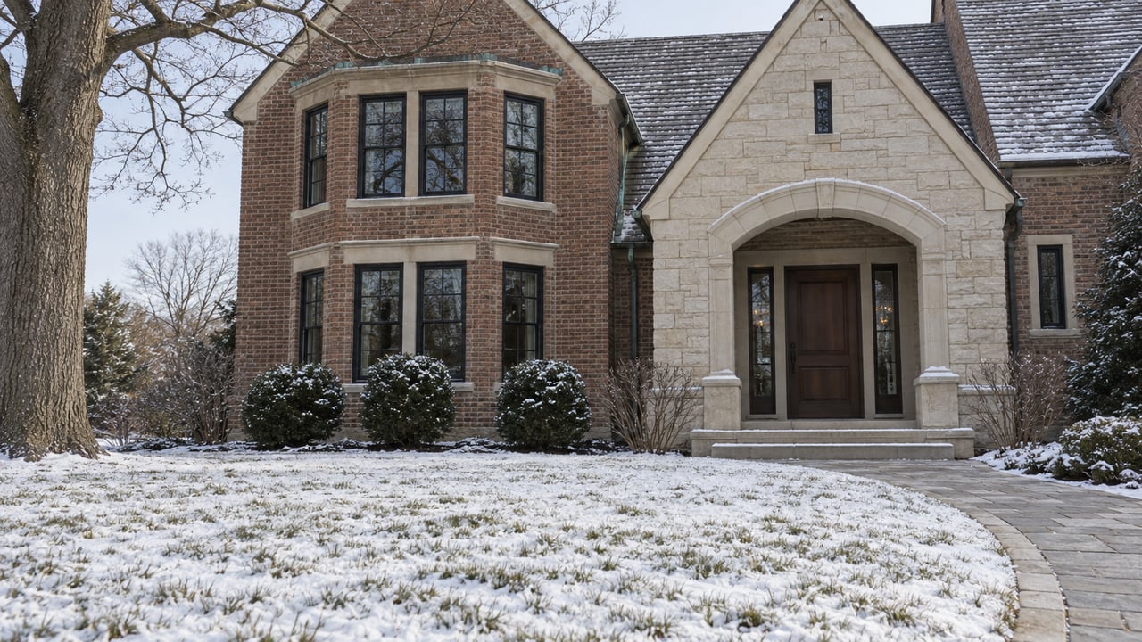 Snow-covered front lawn leading to a limestone arched entrance and red-brick bay beneath steep gables, framed by bare oak branches.
