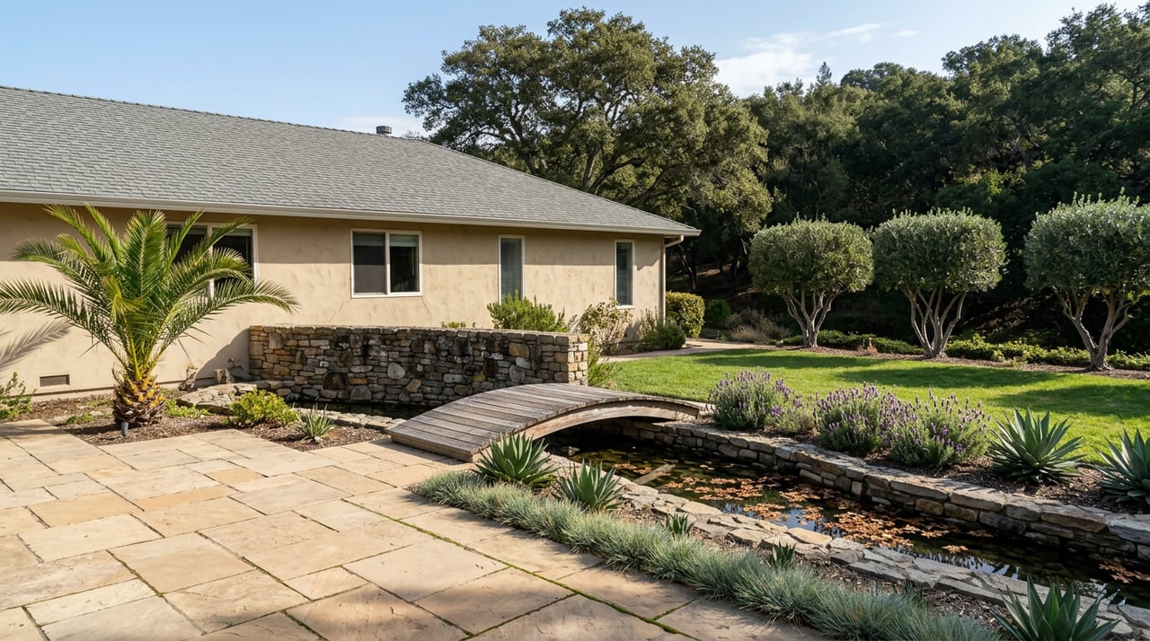 Stone terrace overlooks a lawn, stone-lined stream and cedar footbridge beneath a broad oak canopy.