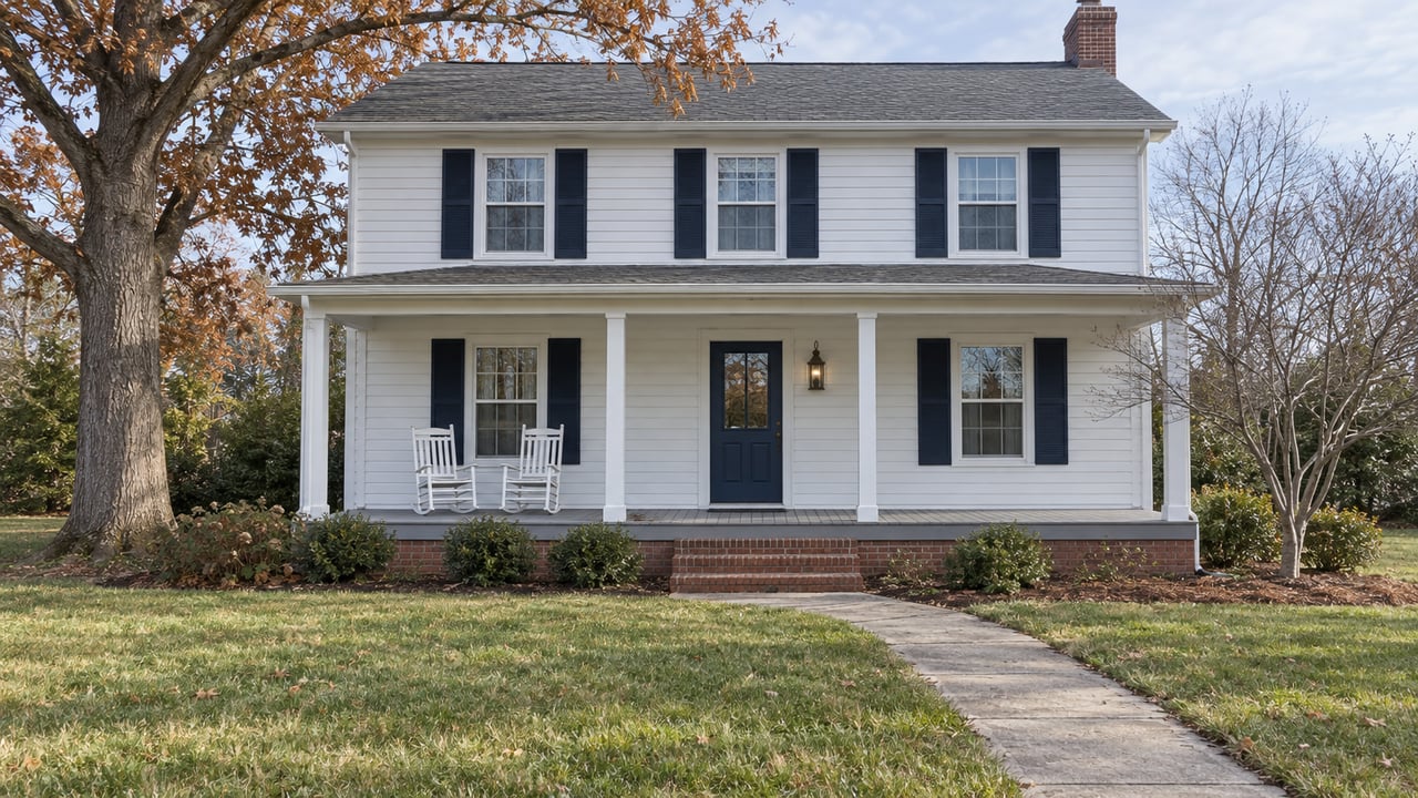 White lap-sided house with navy shutters, a covered front porch and a broad winter lawn beneath an oak tree.