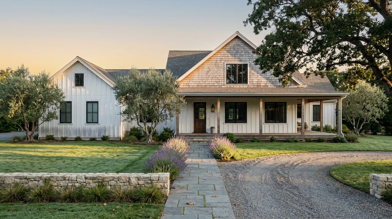 White farmhouse with a wood porch and cedar-shake gable, framed by an oak and olive trees beyond a dew-covered lawn.