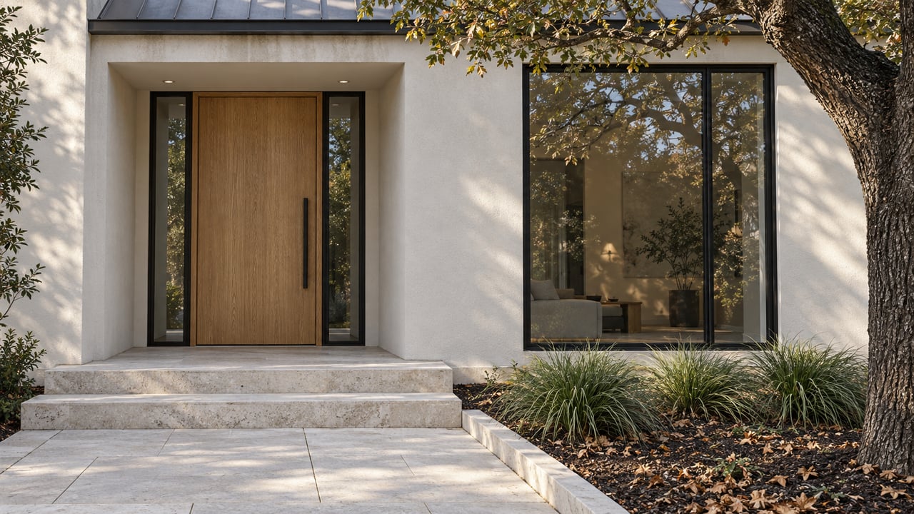 Ivory stucco home entrance with a sheltered oak door, black-framed glazing, pale limestone steps, and a mature live oak.