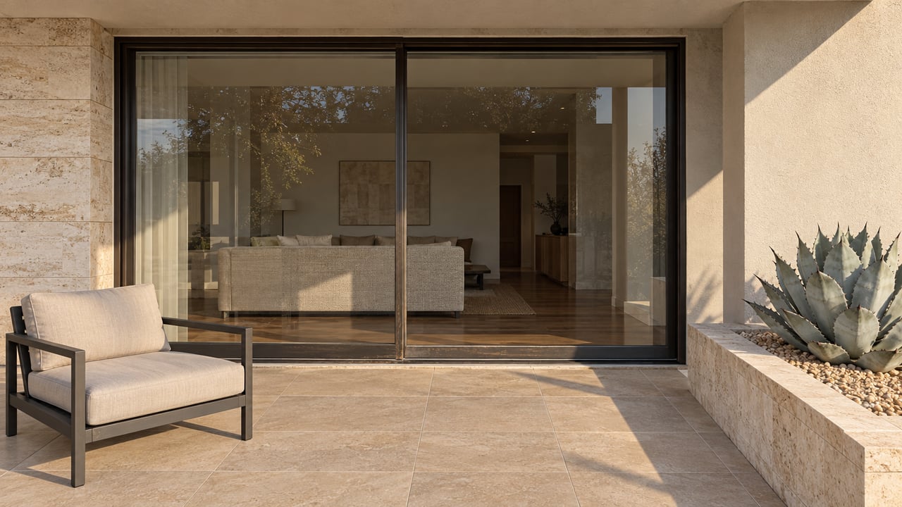 Sunlight crosses a covered contemporary terrace with limestone walls, bronze-framed glass doors, one lounge chair, and a blue-gray agave in a raised planter.