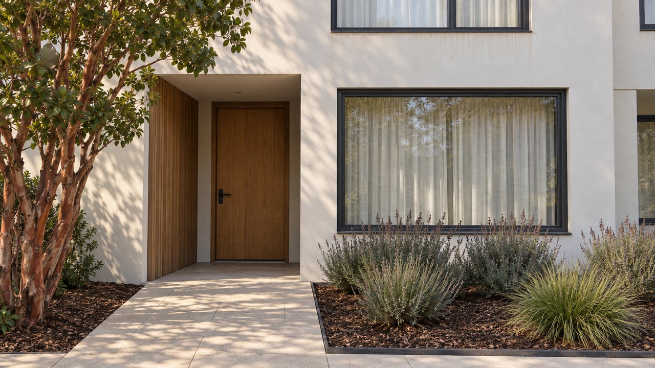 Compact contemporary attached home with pale stucco, charcoal-framed windows, a recessed oak door, limestone paving, and carefully spaced planting.