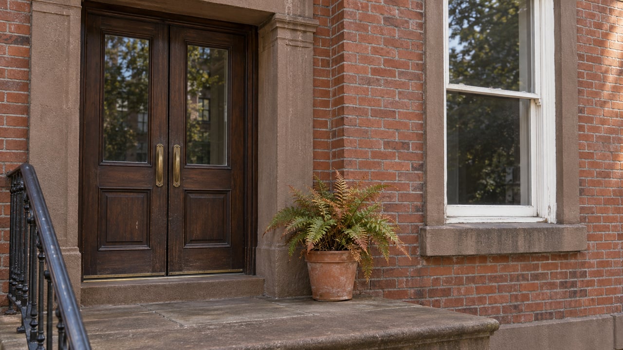 Brick brownstone entrance with dark double doors, a stone stoop, and a potted fern.