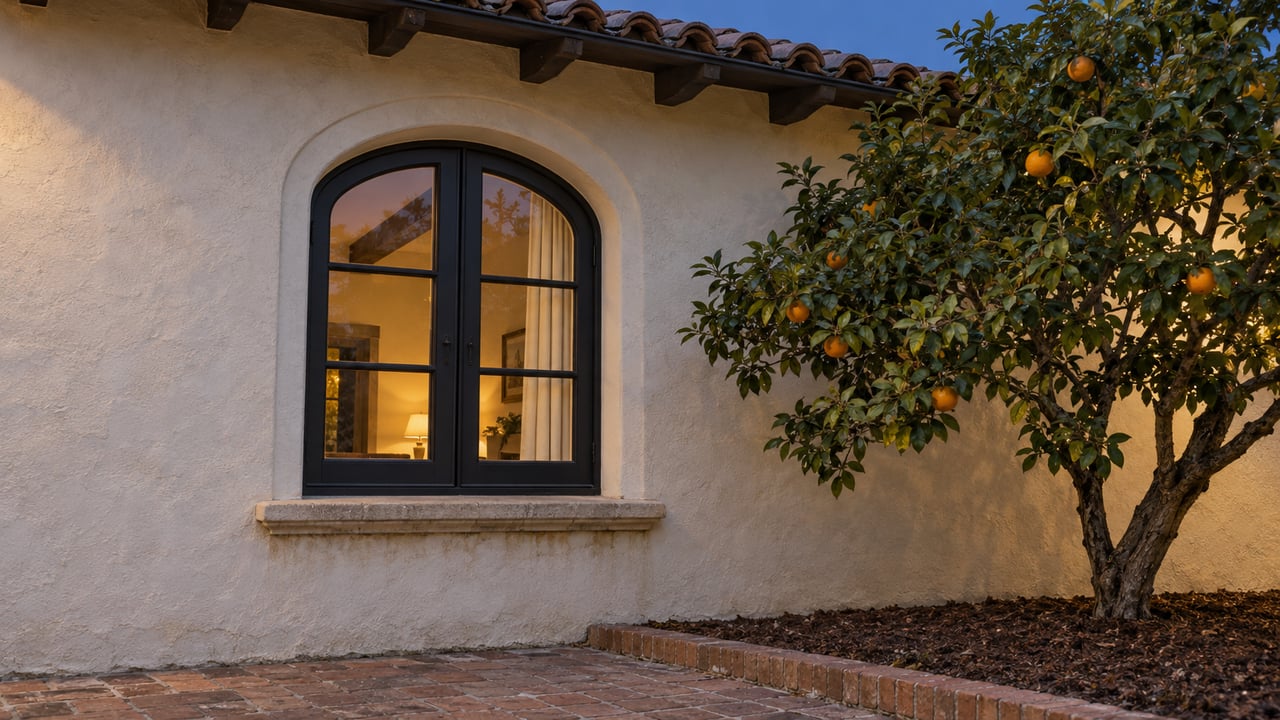 An arched wood-framed window glows warmly beneath clay roof tiles beside a mature mandarin tree at blue hour.