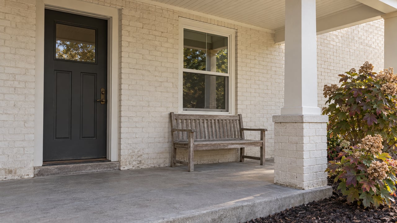 Covered front porch with painted brick, a charcoal door, an oak bench and oakleaf hydrangeas.