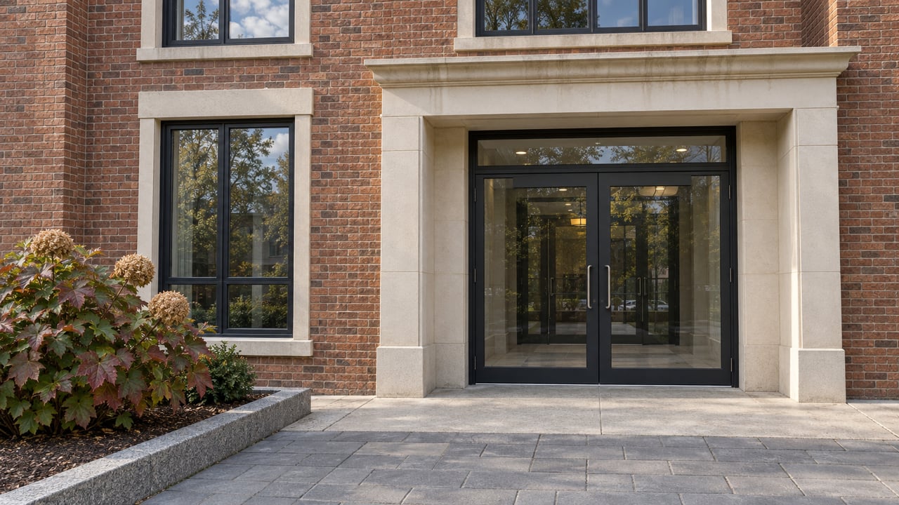 Brick condominium entrance with paired glass doors, cream masonry trim, black-framed windows and an autumn oakleaf hydrangea beside the paved approach.