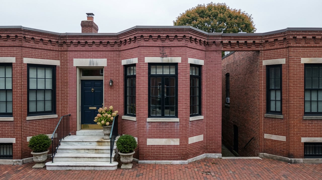 Brick rowhouse with a three-sided bay window, marble stoop, black iron railing, and rounded street-tree canopy.