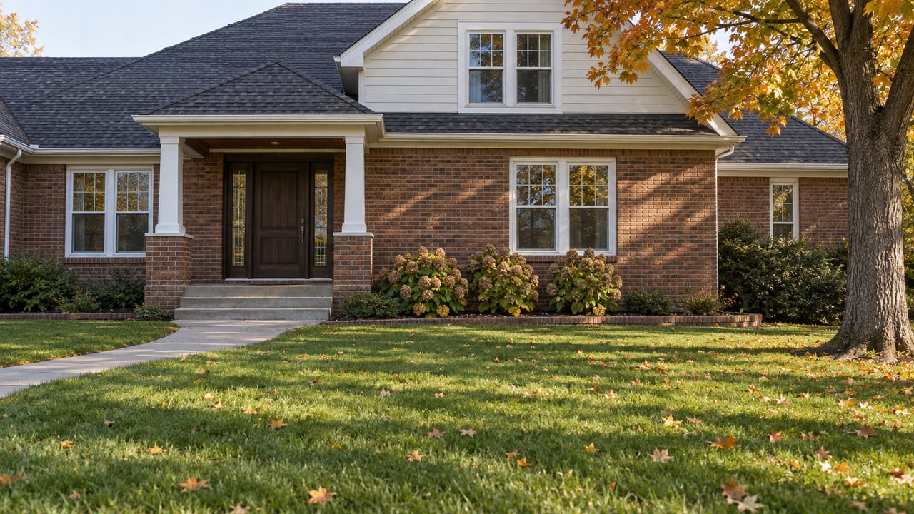 Morning light on a brick-and-ivory-sided two-story home, with a deep front lawn, curved concrete walk and autumn maple.