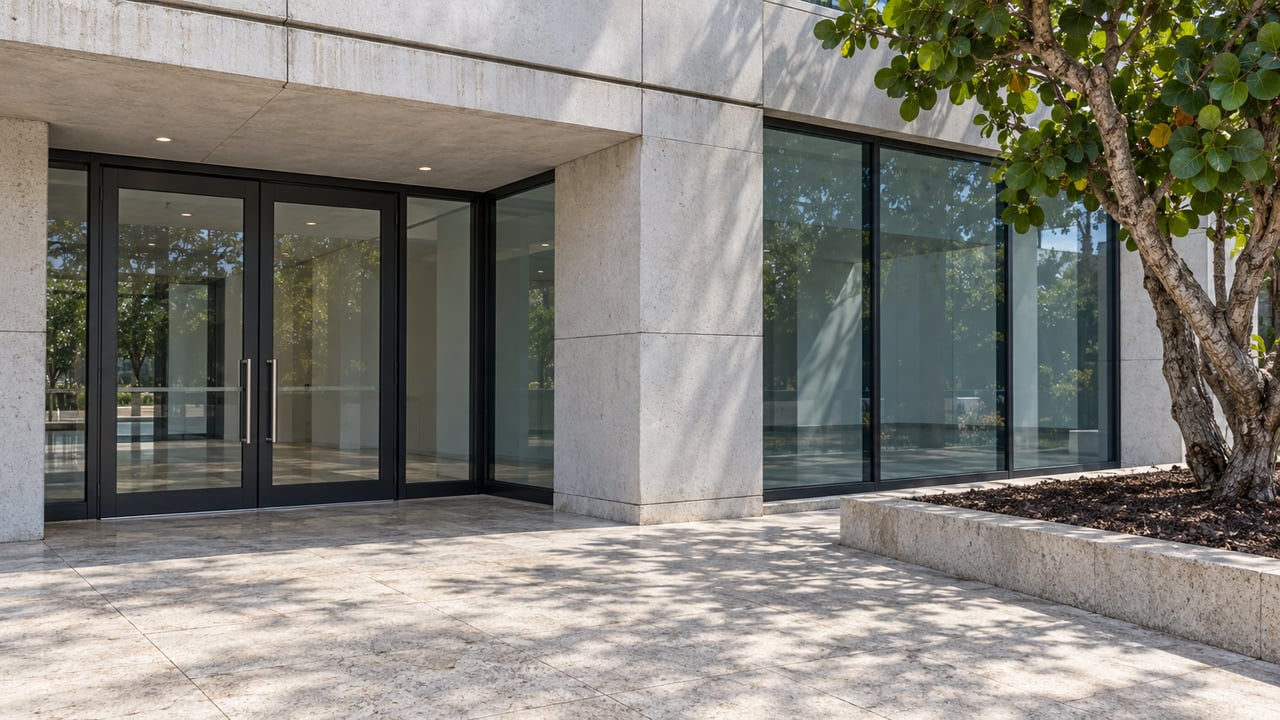 Pale concrete commercial entrance with charcoal-framed glass doors, limestone paving and a sea grape tree in a raised bed.
