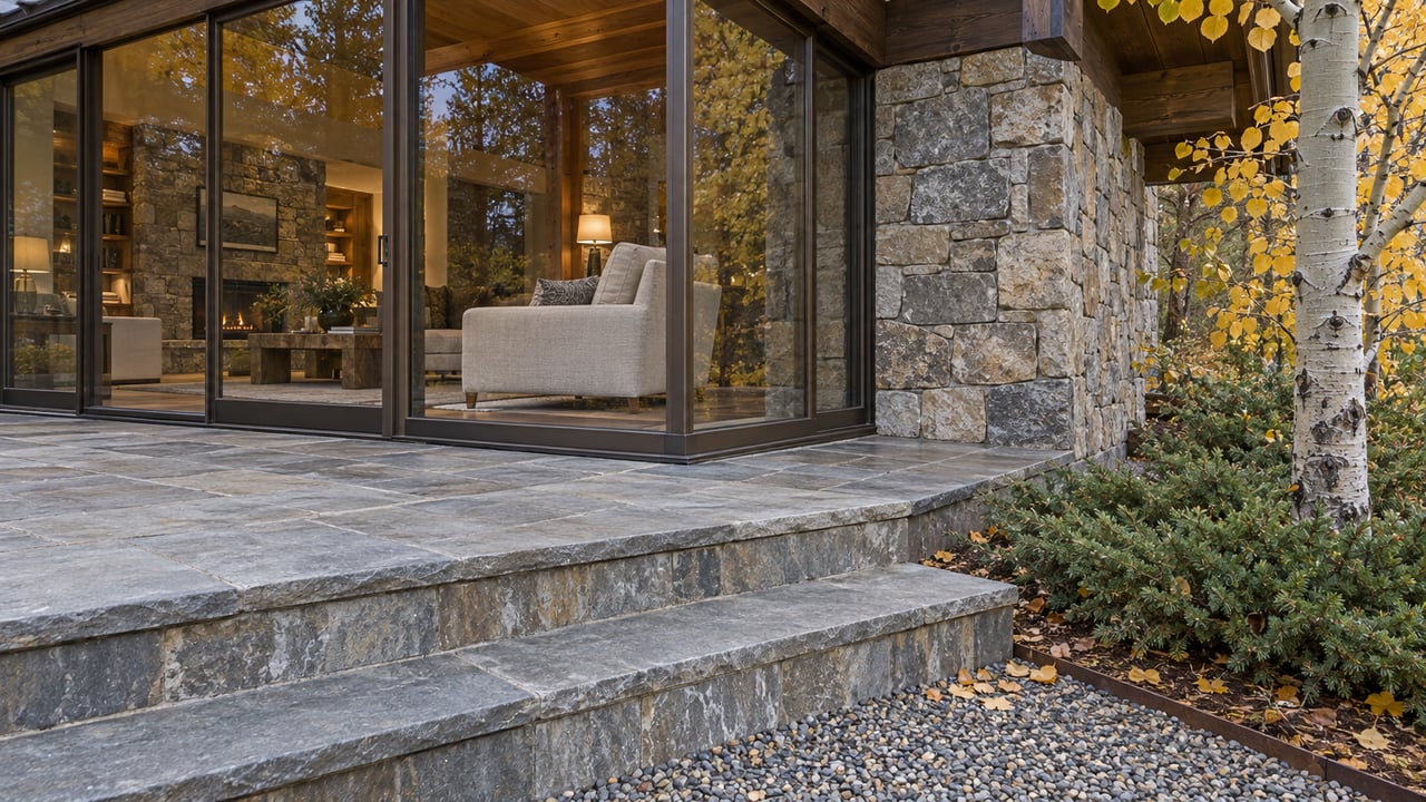 Autumn leaves beside stone terrace steps, a weathered timber overhang and warmly lit bronze-framed windows.