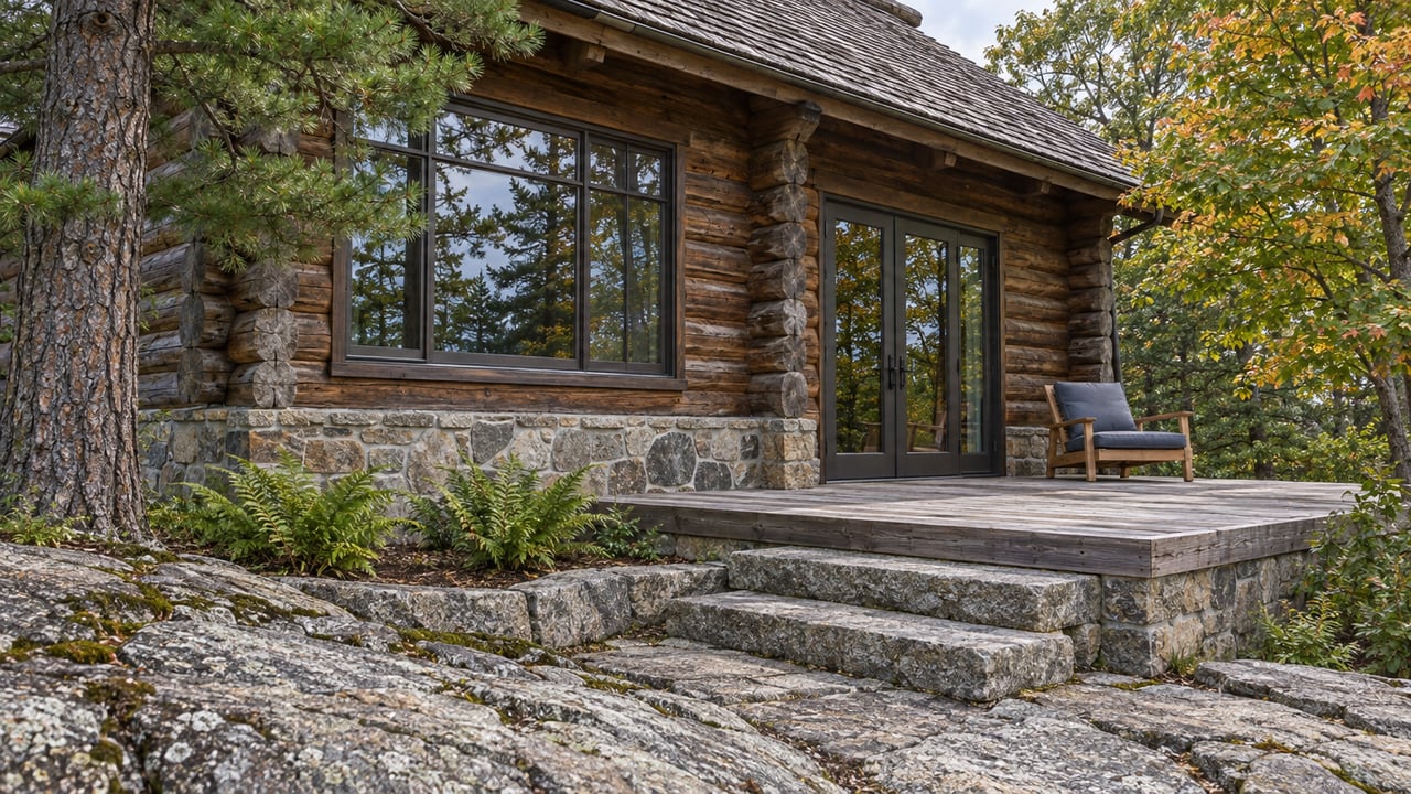 Weathered timber cottage with broad windows, a low cedar platform and stone steps integrated into a granite slope beneath pine and maple trees.
