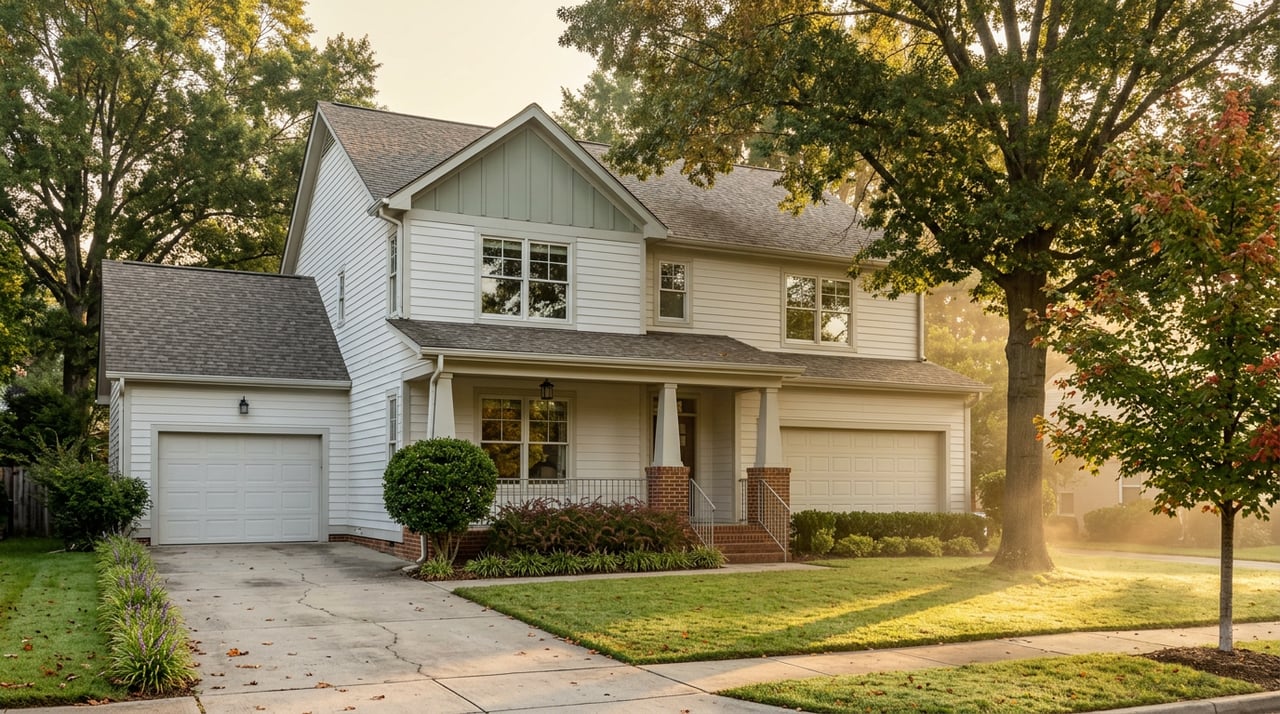 Two-story pale gray house with a sage gable, brick porch piers, and dew-covered lawn beneath autumn trees.