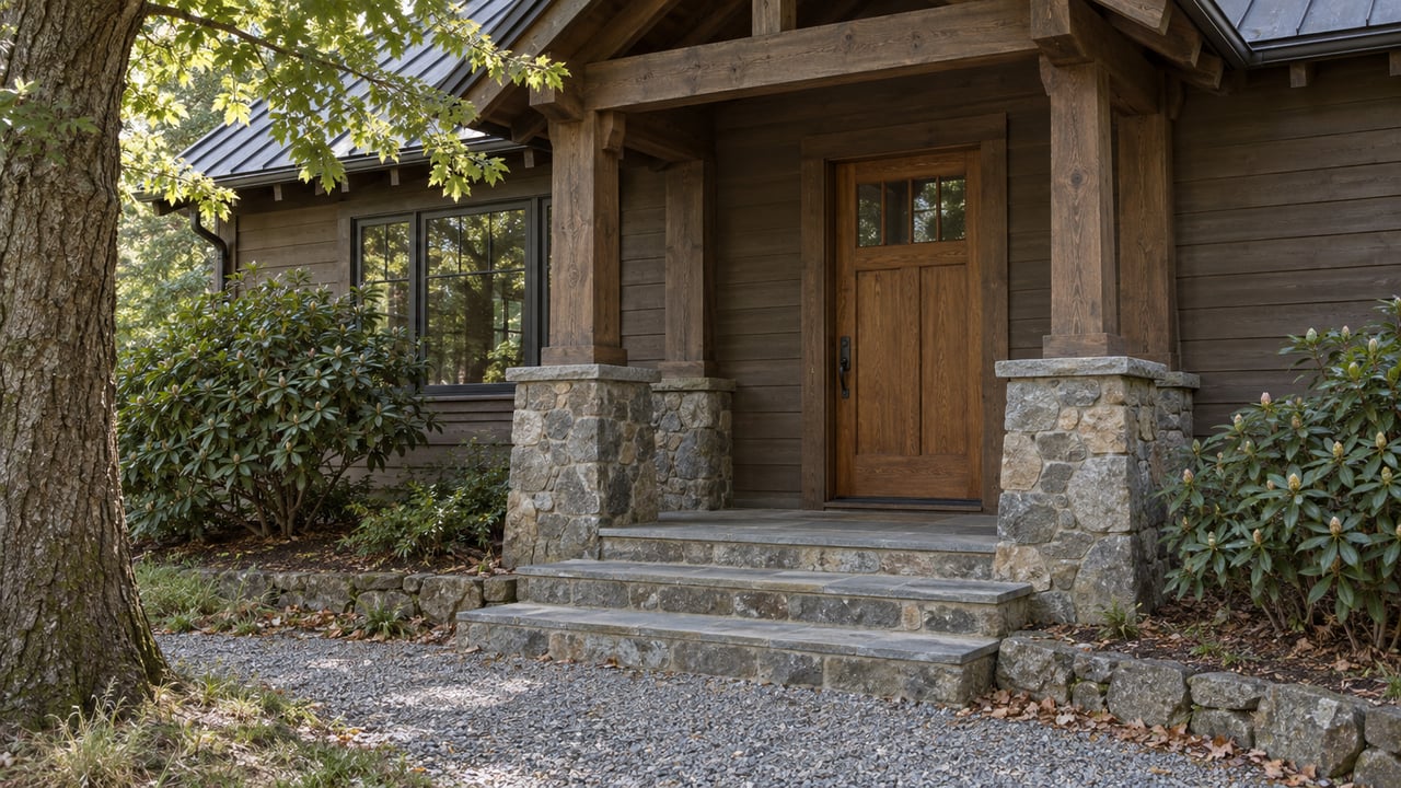 Craftsman-style house entry with an oak door, stone steps, timber posts, and an overhanging white oak.