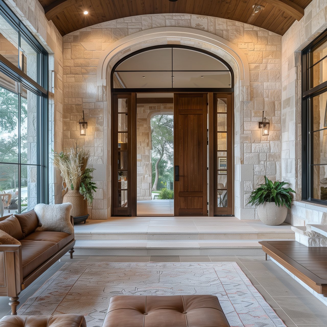 Foyer with an arched wooden front door, pale stone walls, vaulted wood ceiling, and leather seating.