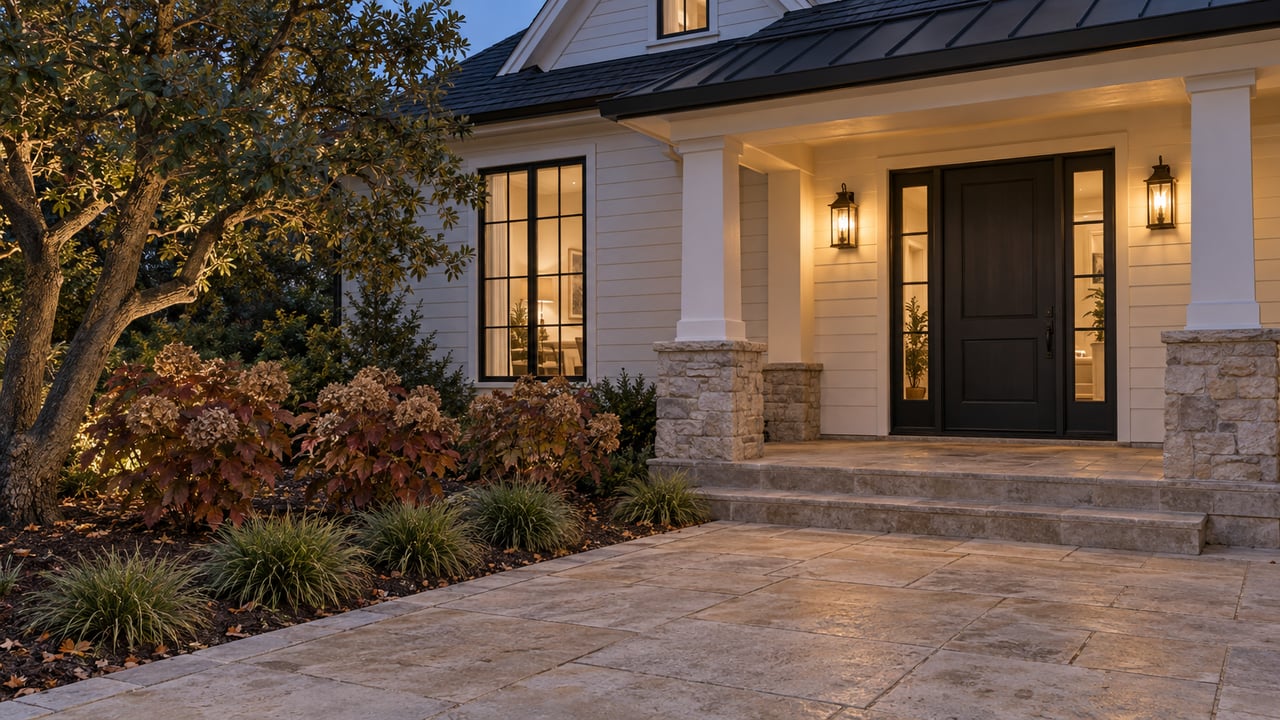 Warmly lit white-sided home entry at twilight, with sandstone steps, black divided-light glazing and mature autumn planting.