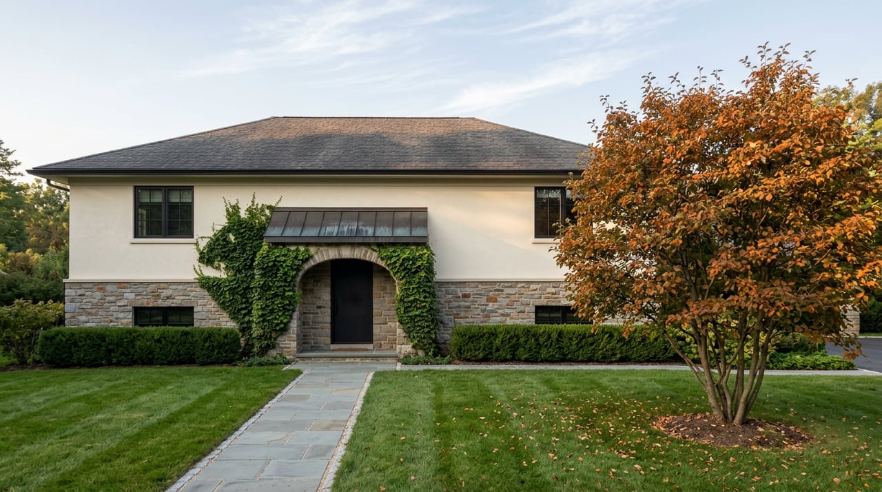 Estate home with a stone arched entry, cream stucco upper facade, and a serviceberry tree with autumn leaves.