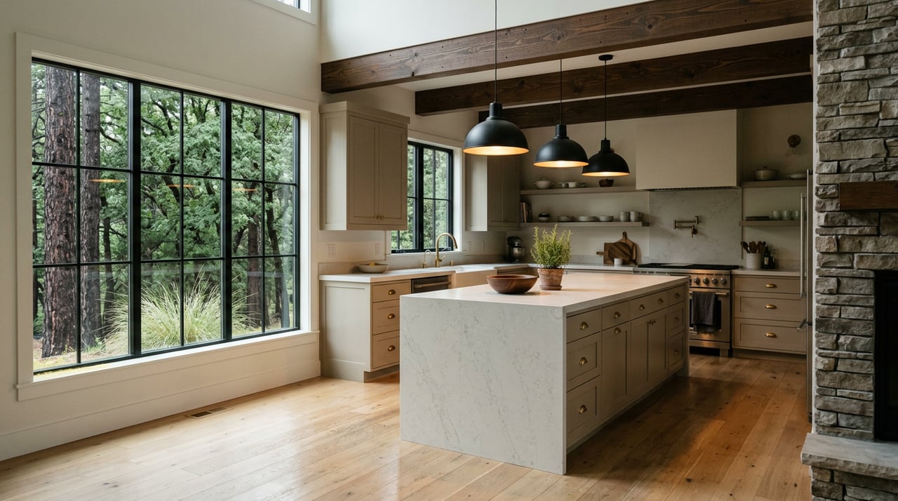 Kitchen with quartz island, dark ceiling beams, and grid-paned window overlooking pine and oak trees.