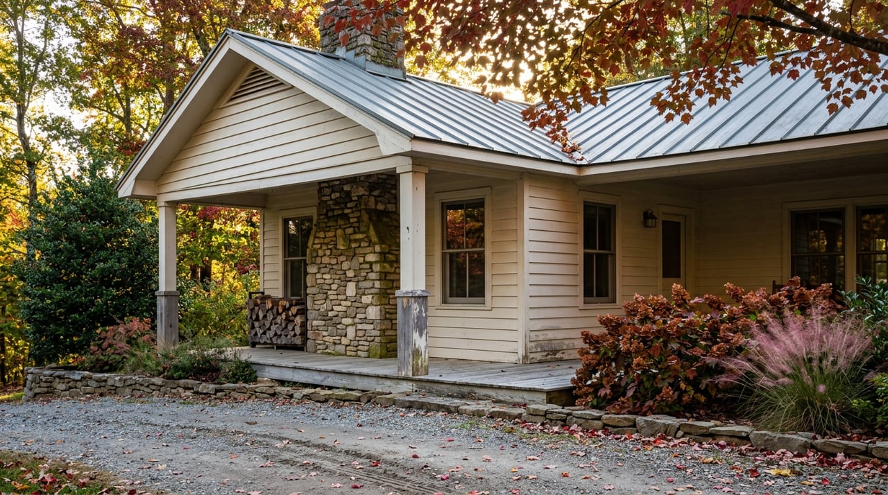 Cottage porch corner with a fieldstone chimney beneath a crimson and gold maple canopy, leaves scattered on gravel.