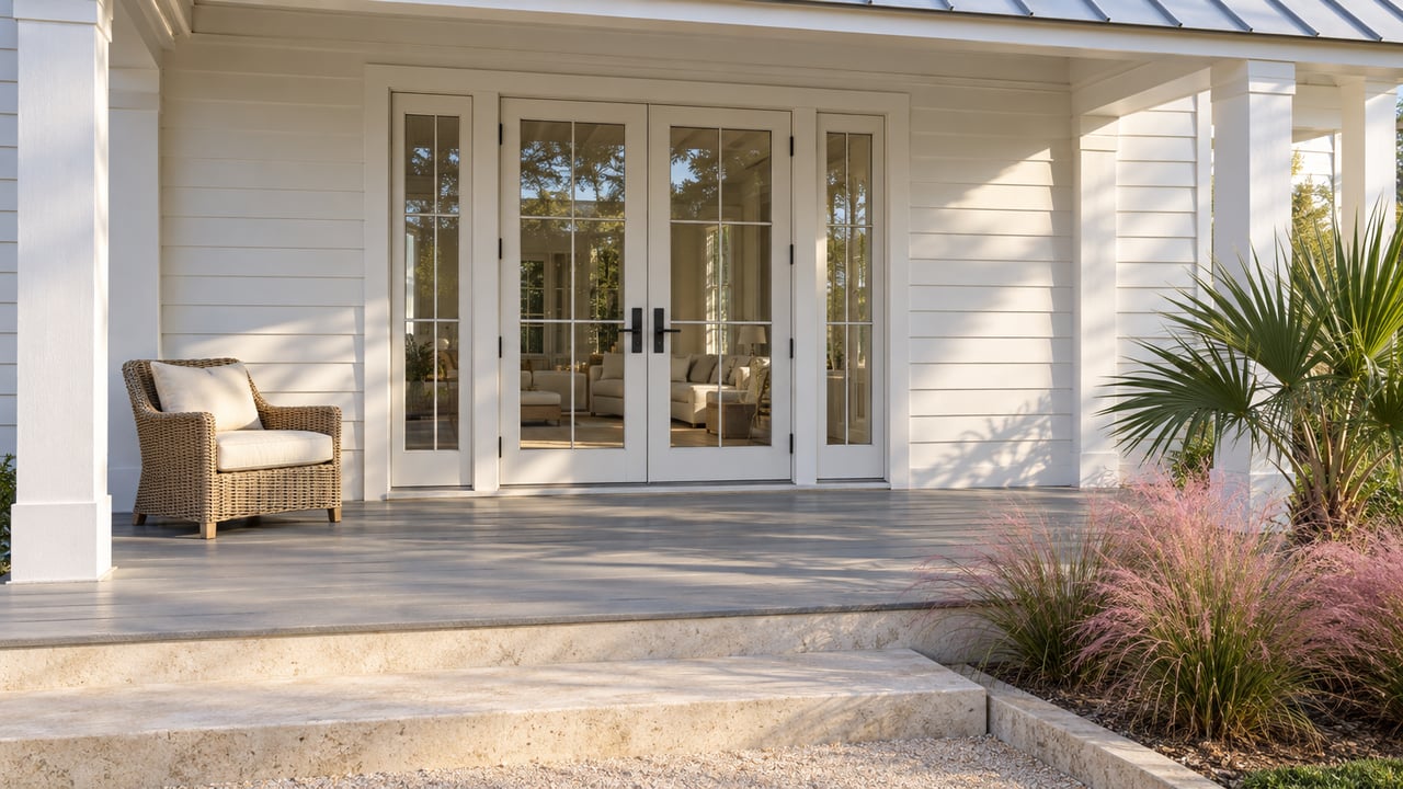 Sunlit white-sided home porch with glazed French doors, weathered gray decking, limestone steps and pink muhly grass.