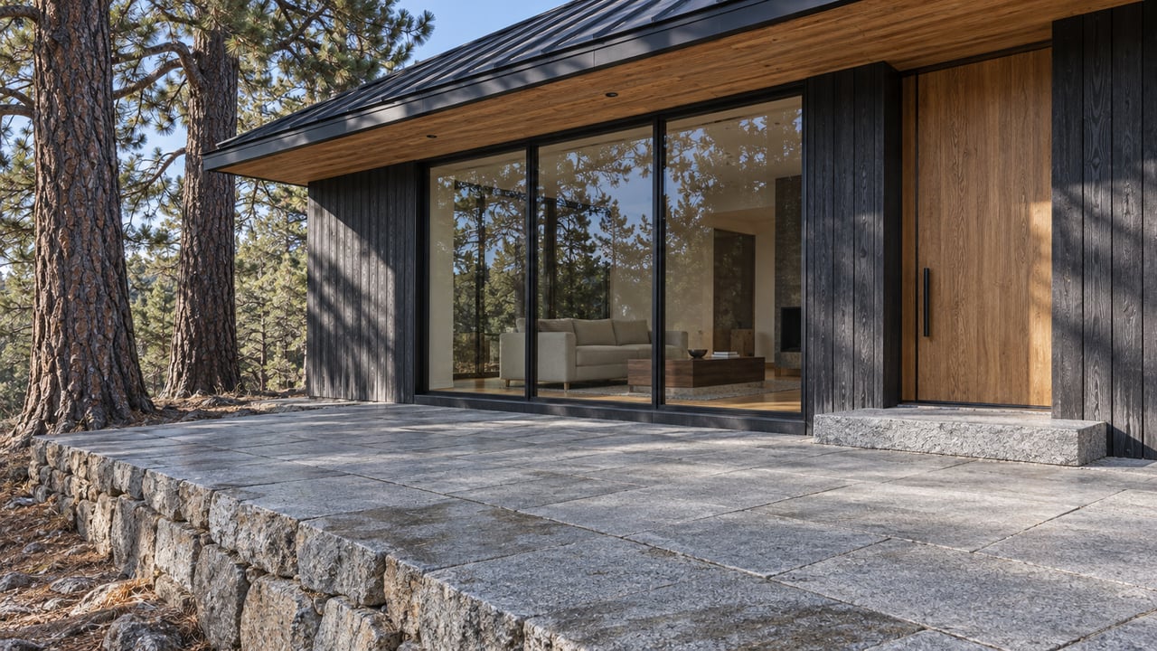 Granite terrace outside a charcoal timber home with broad eaves, closed glass walls and two mature Jeffrey pines.