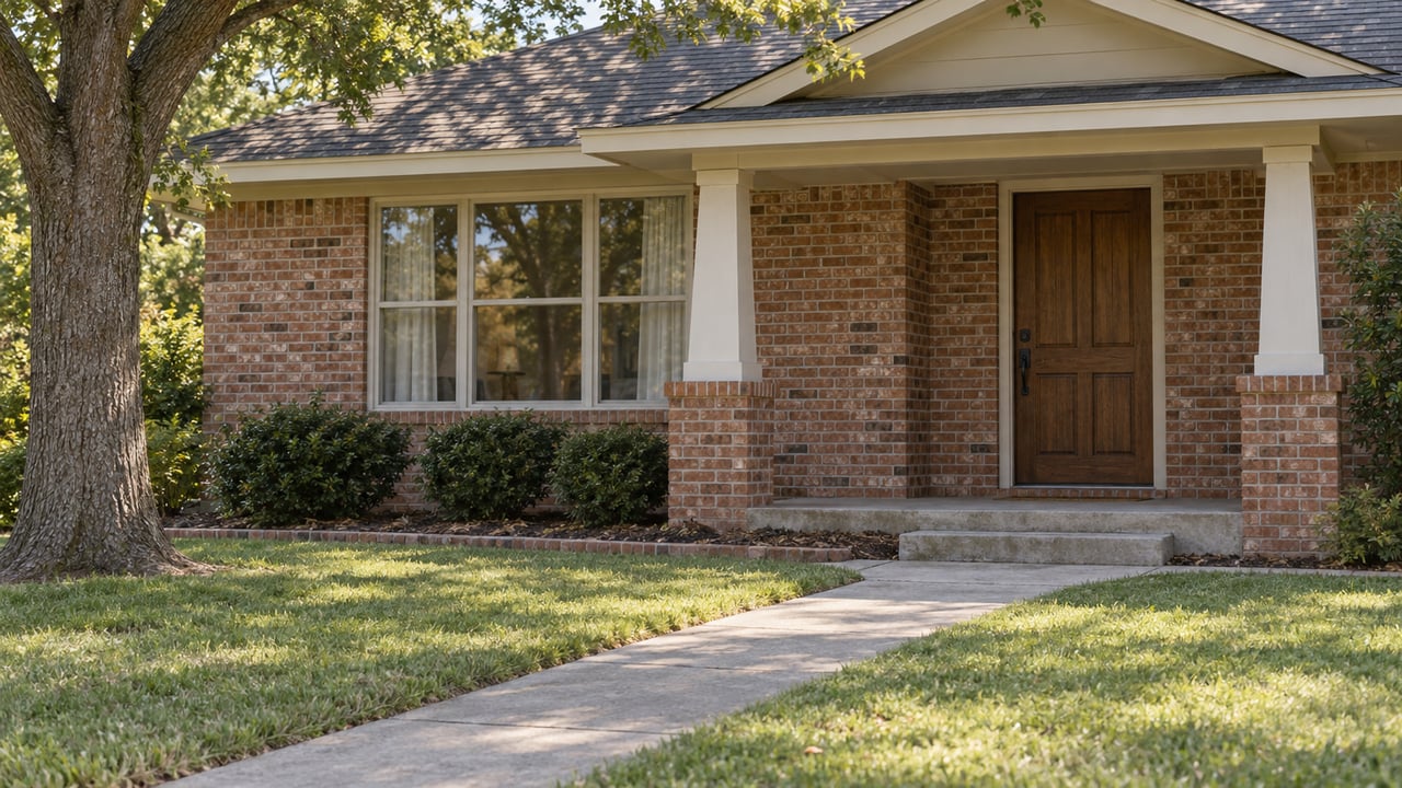 A red-brick home with a shaded front porch, cream window frames and a concrete walk through an established lawn beneath an oak canopy.