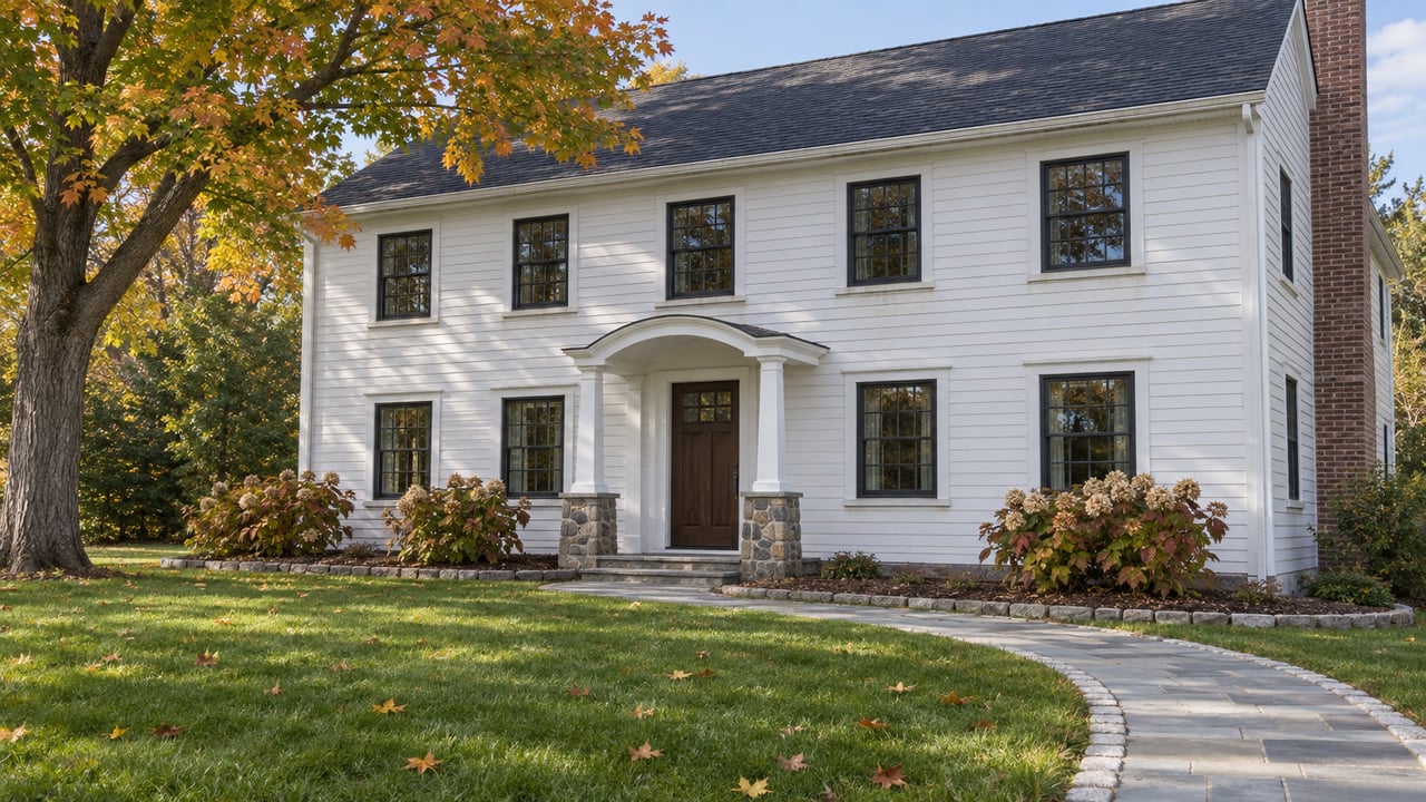 White clapboard home behind a deep lawn and curving stone walk, with a spreading maple showing early autumn color.