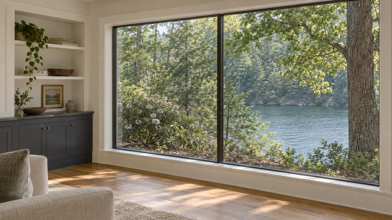 Living room with a two-panel picture window overlooking a wooded bank and muted blue-green water.