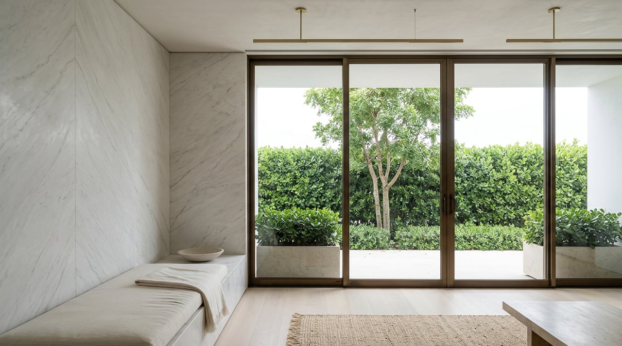 Coastal great room with bookmatched marble, a linen daybed, bronze-framed glass doors, and clipped terrace hedges.