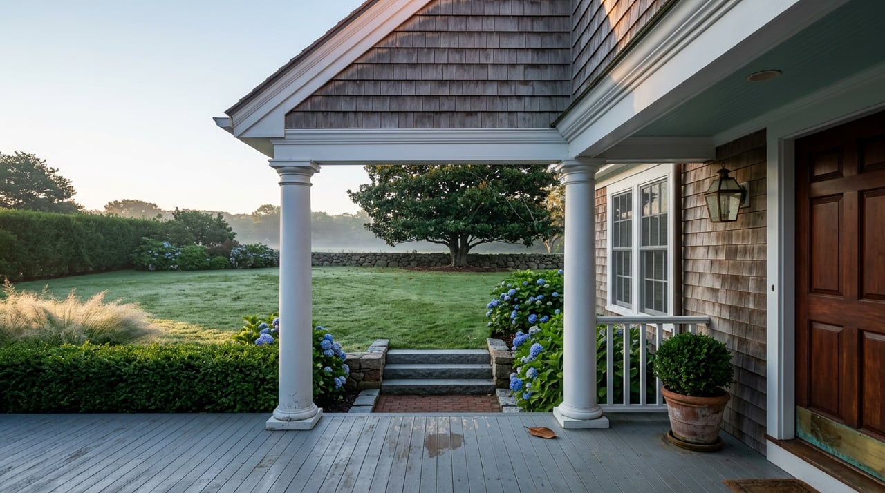 Shingle-style coastal home with white porch columns, blue hydrangeas, and a dew-covered lawn leading to a magnolia.