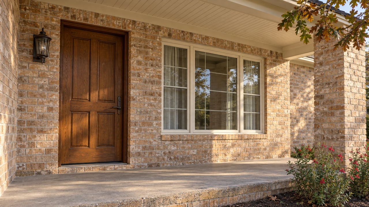 Late-afternoon light across a buff-brick home's covered porch, oak entry door, gridded window and autumn oak leaves.