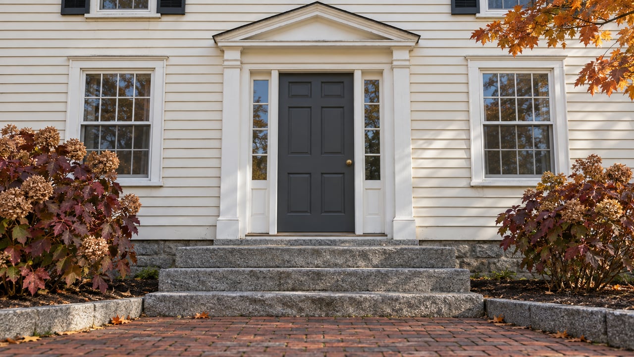 Cream clapboard home with a charcoal front door, paired sash windows, worn granite steps and autumn oakleaf hydrangeas.