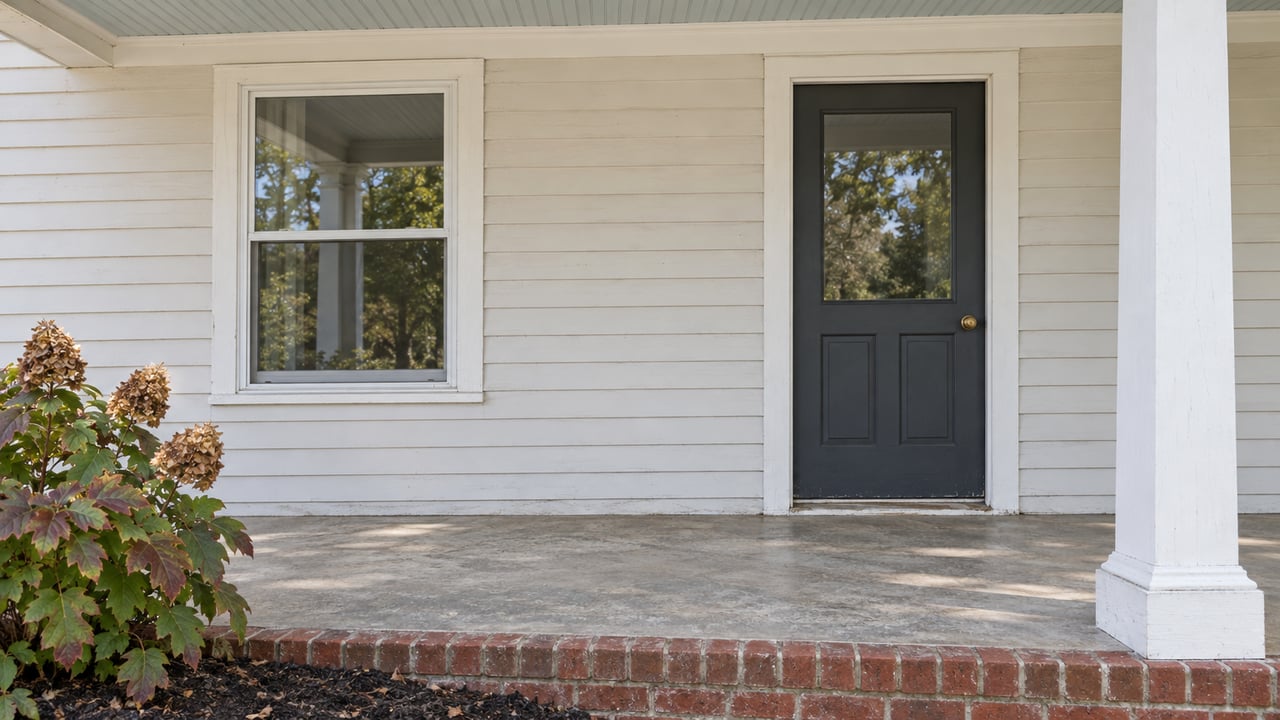 Older clapboard home's shaded front porch with a charcoal door, wood-framed window, weathered concrete floor and oakleaf hydrangea.