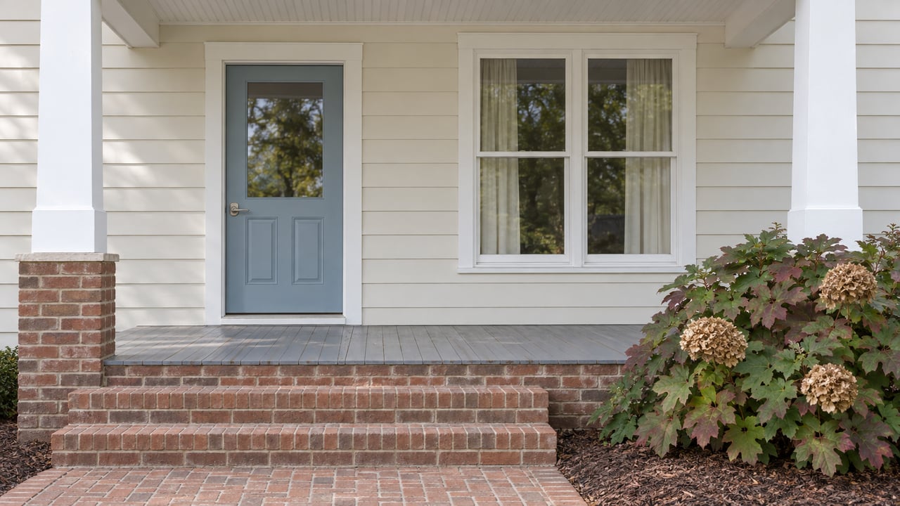 Cream clapboard home with a pale blue front door, white porch posts, brick steps and an oakleaf hydrangea beside the walk.