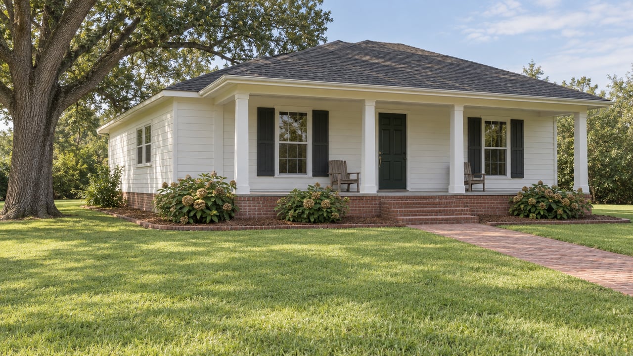 An ivory-sided single-story home with a deep covered porch, brick steps and a broad lawn beneath a mature live oak.