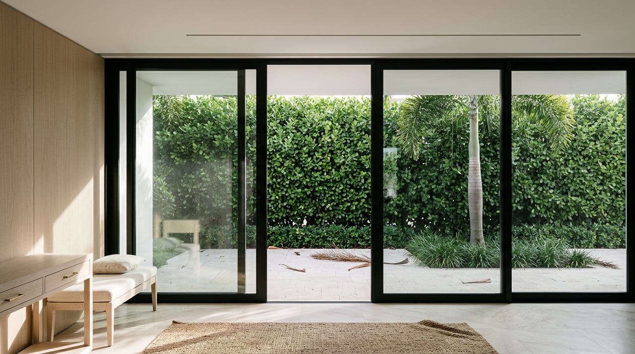 Coastal estate great room with black-framed glass doors opening onto a loggia, clipped hedge, and palm.