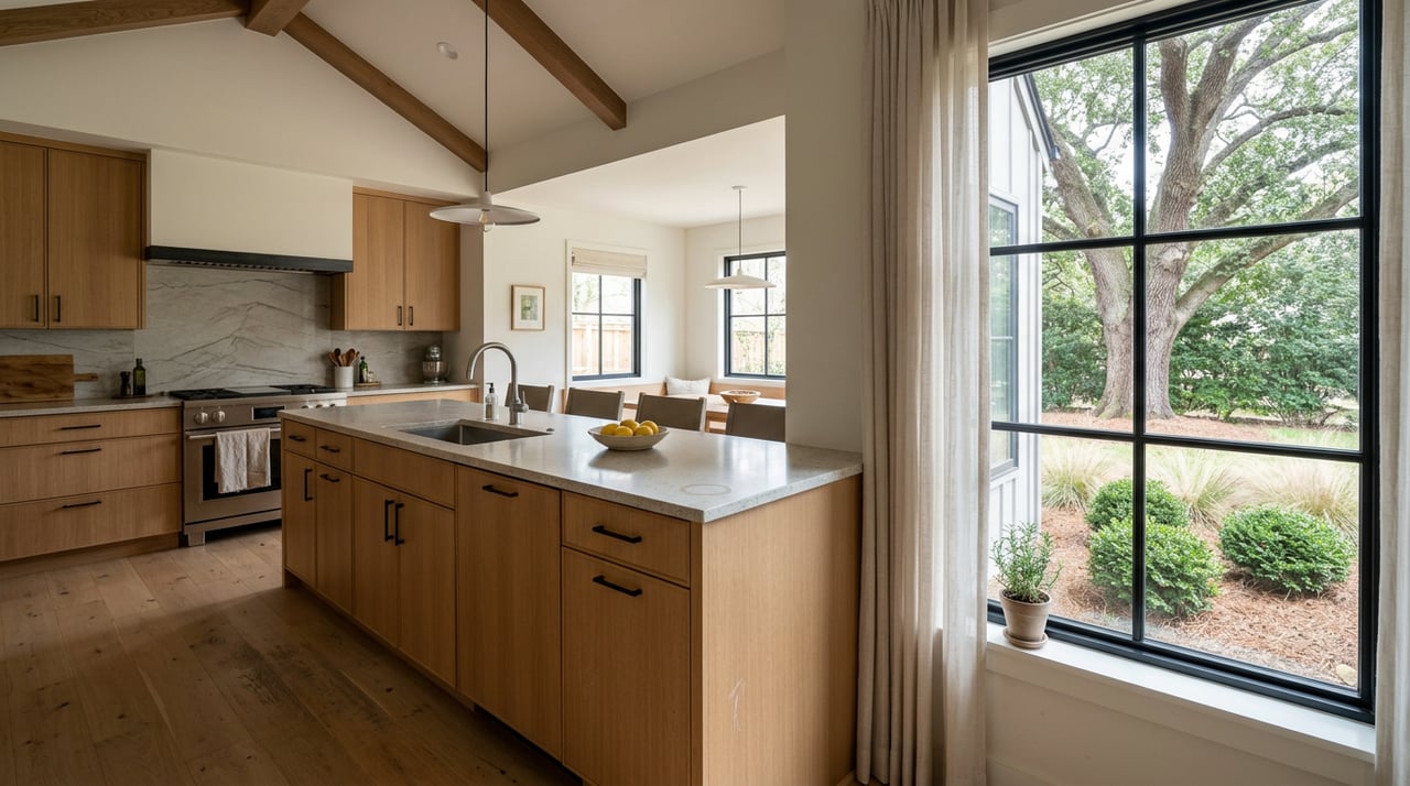 Oak kitchen with a quartz island, vaulted wood-beam ceiling, and a black-framed window overlooking a mature oak.