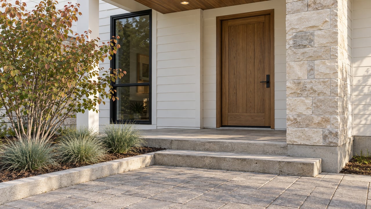 Warm-white house entrance with an oak door, limestone pier, black-framed window, and paved path.