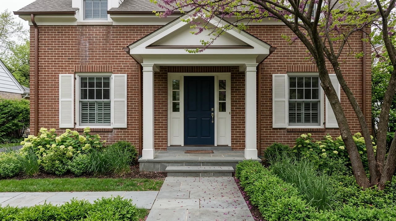 Brick home entry with a navy door, white-columned portico, bluestone walk, clipped hedges, and a leafy tree.